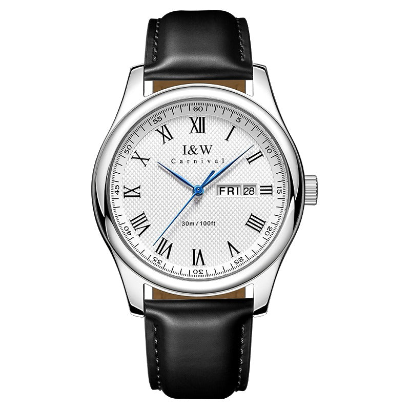 Carnival Roman Day-Date Quartz Watch, Black Leather