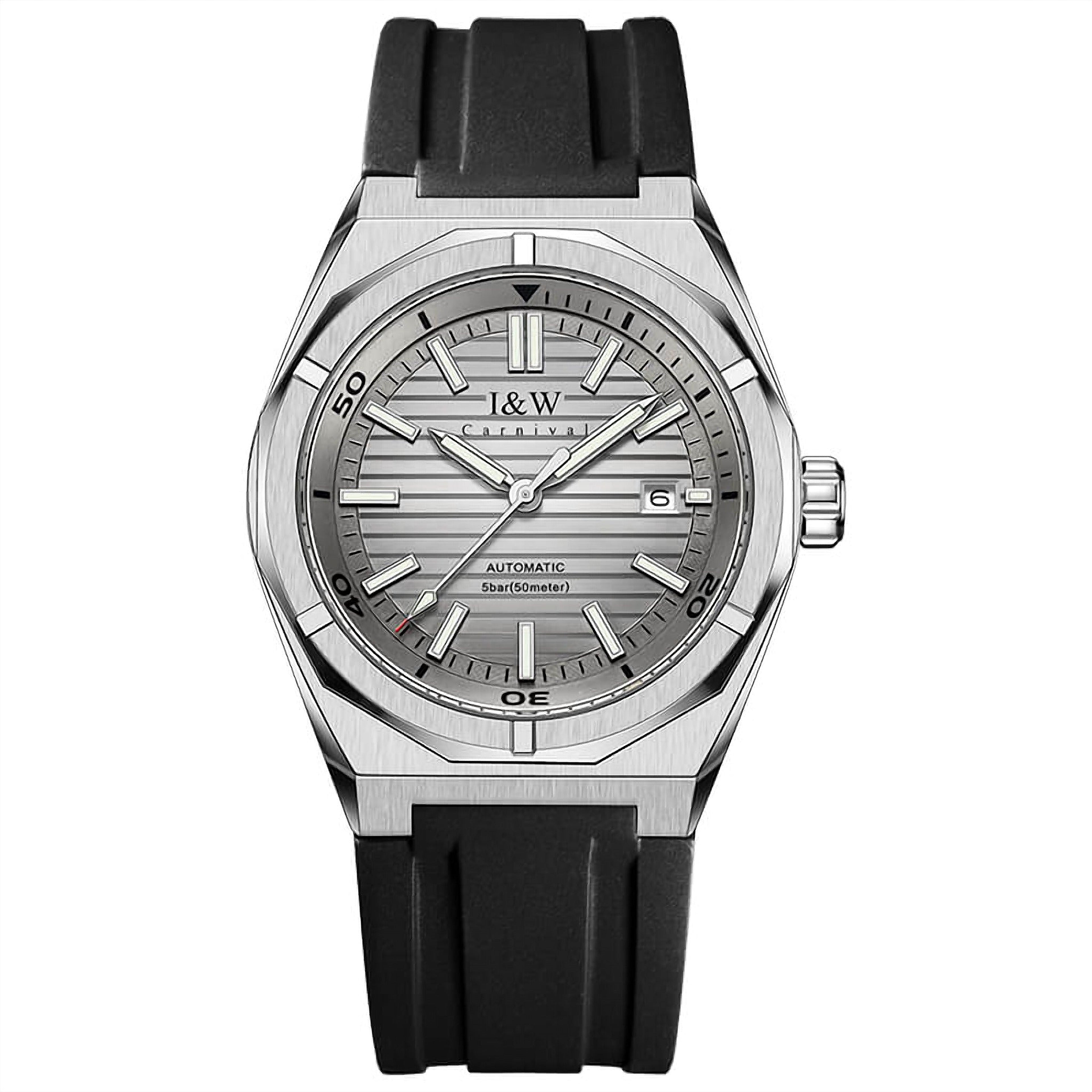 Carnival IW711G automatic watch with gray striped dial and black rubber strap