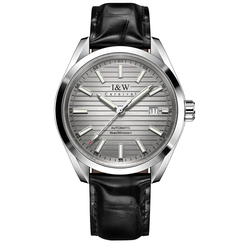 Carnival IW713G automatic watch with gray striped dial and black leather strap