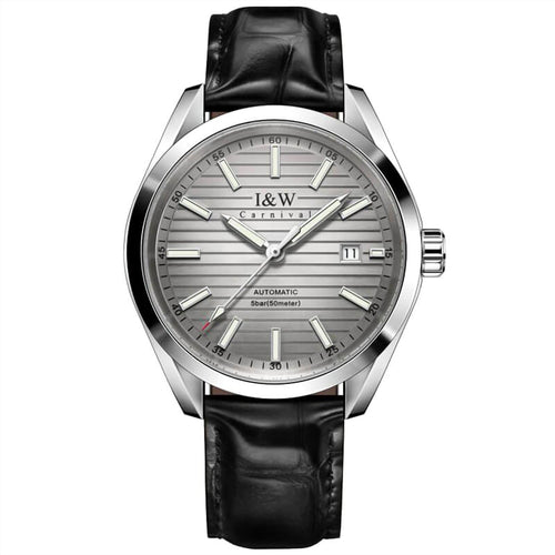 Carnival IW713G automatic watch with gray striped dial and black leather strap