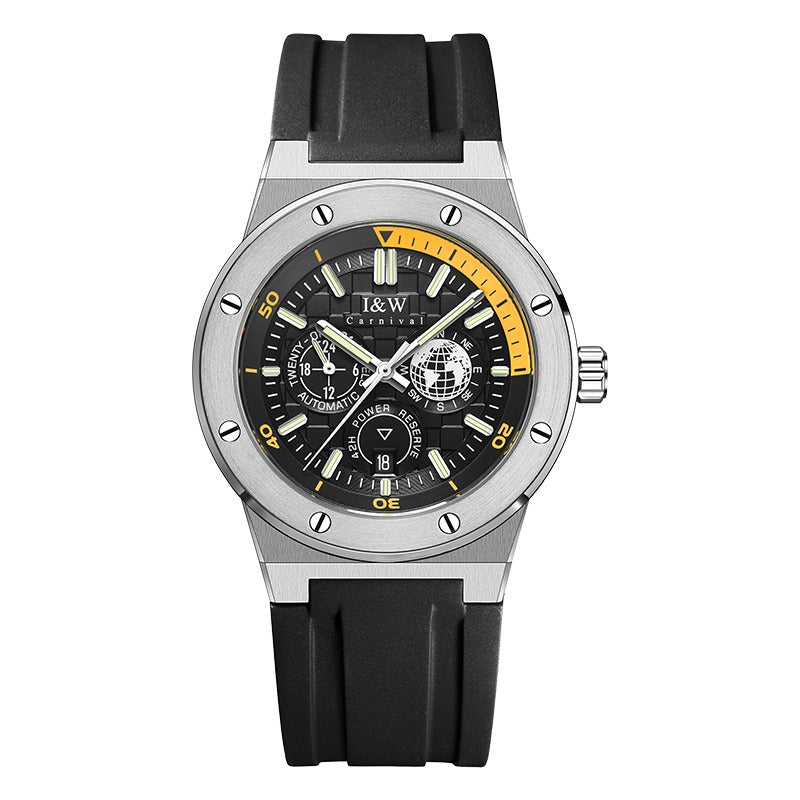 Carnival Power Reserve Multifunction Automatic Watch, Black Silicone