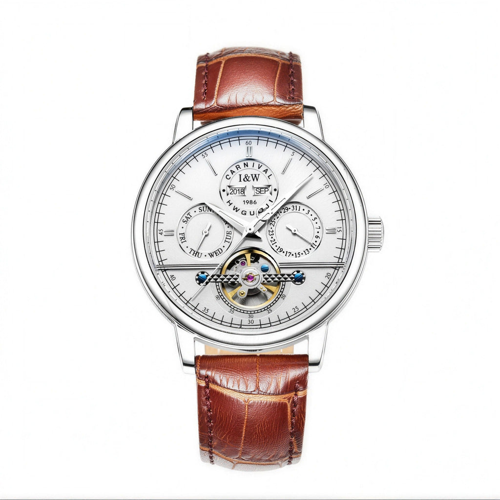 Carnival open-heart automatic watch, white dial, brown leather strap