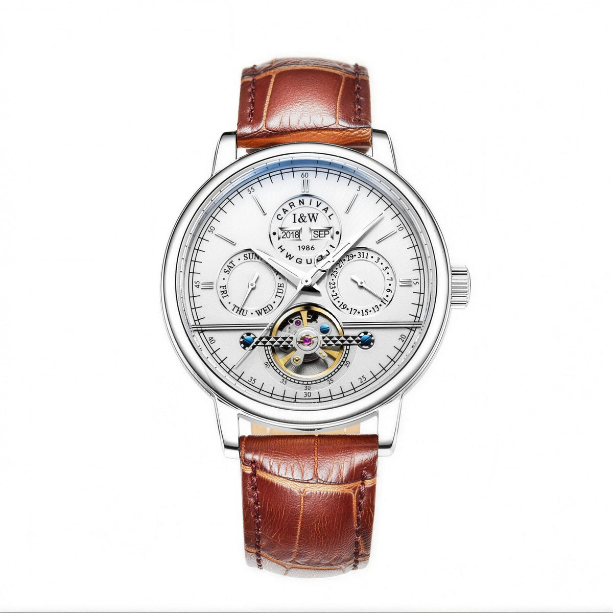Carnival open-heart automatic watch, white dial, brown leather strap