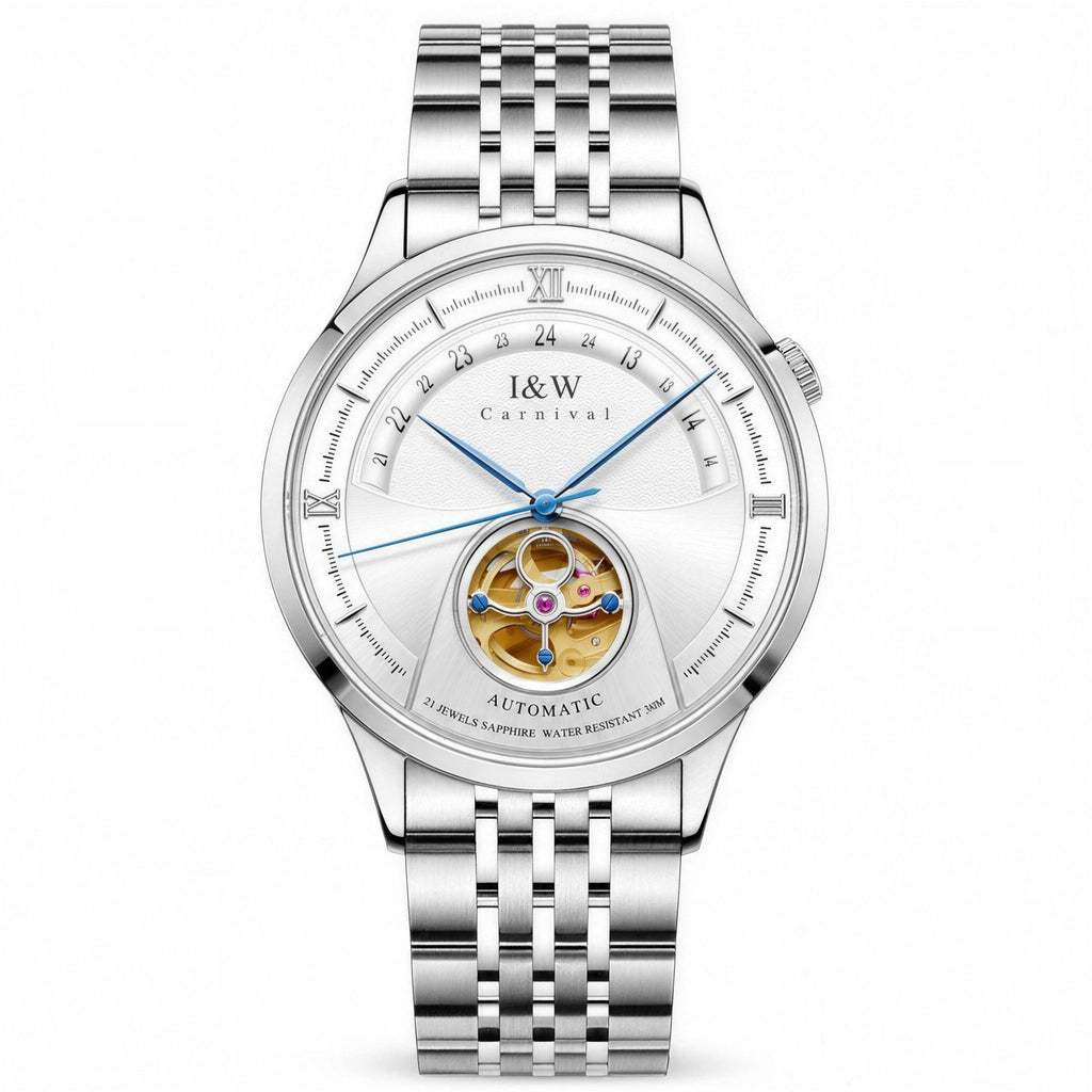 Carnival open-heart automatic watch, white dial, steel bracelet