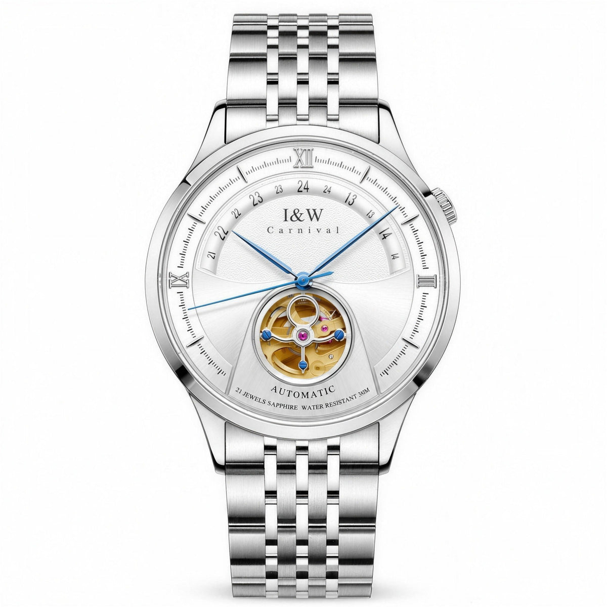 Carnival open-heart automatic watch, white dial, steel bracelet