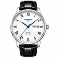 Carnival Roman day-date quartz watch, white dial, black leather strap