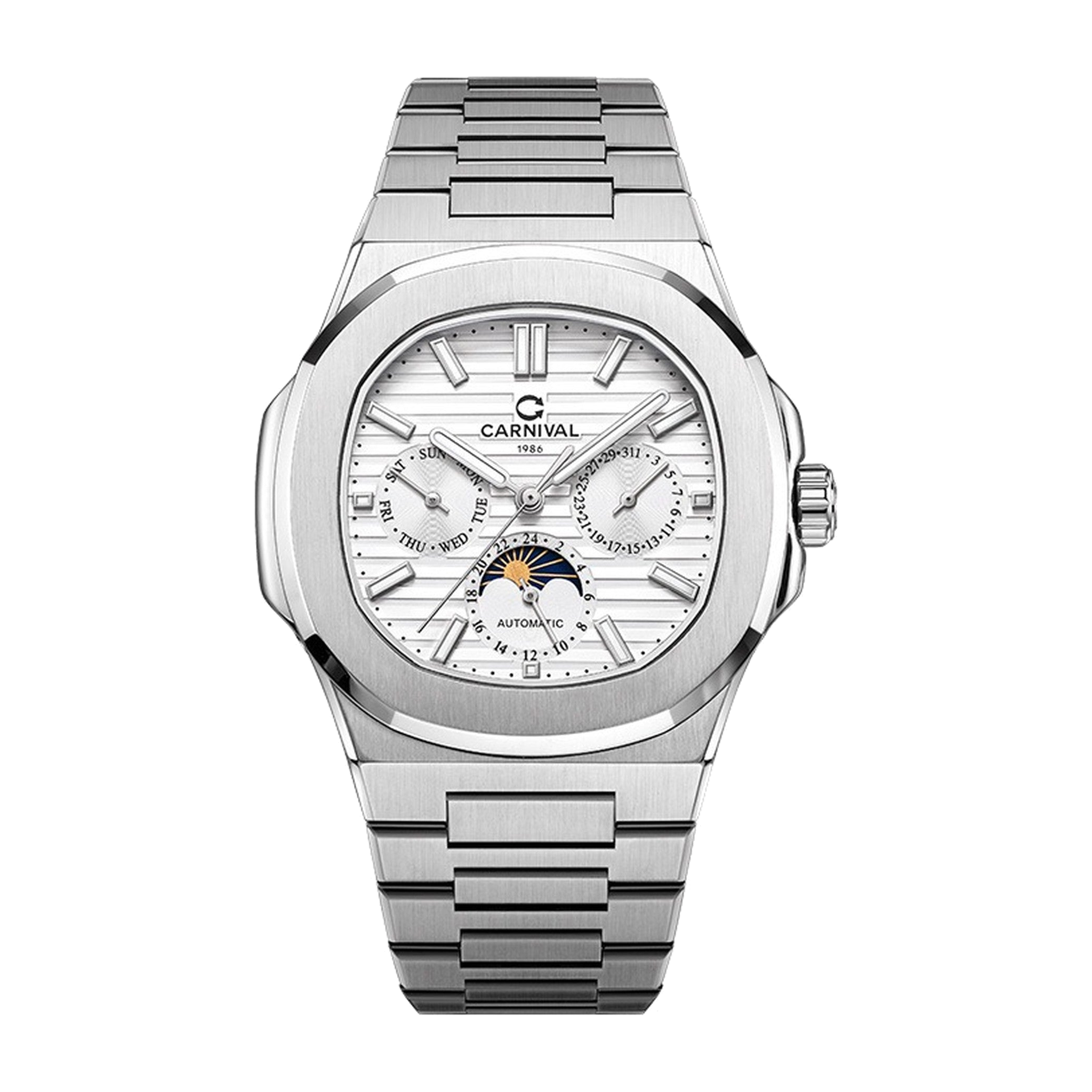 Carnival Snowflake White automatic watch front view on pure white background
