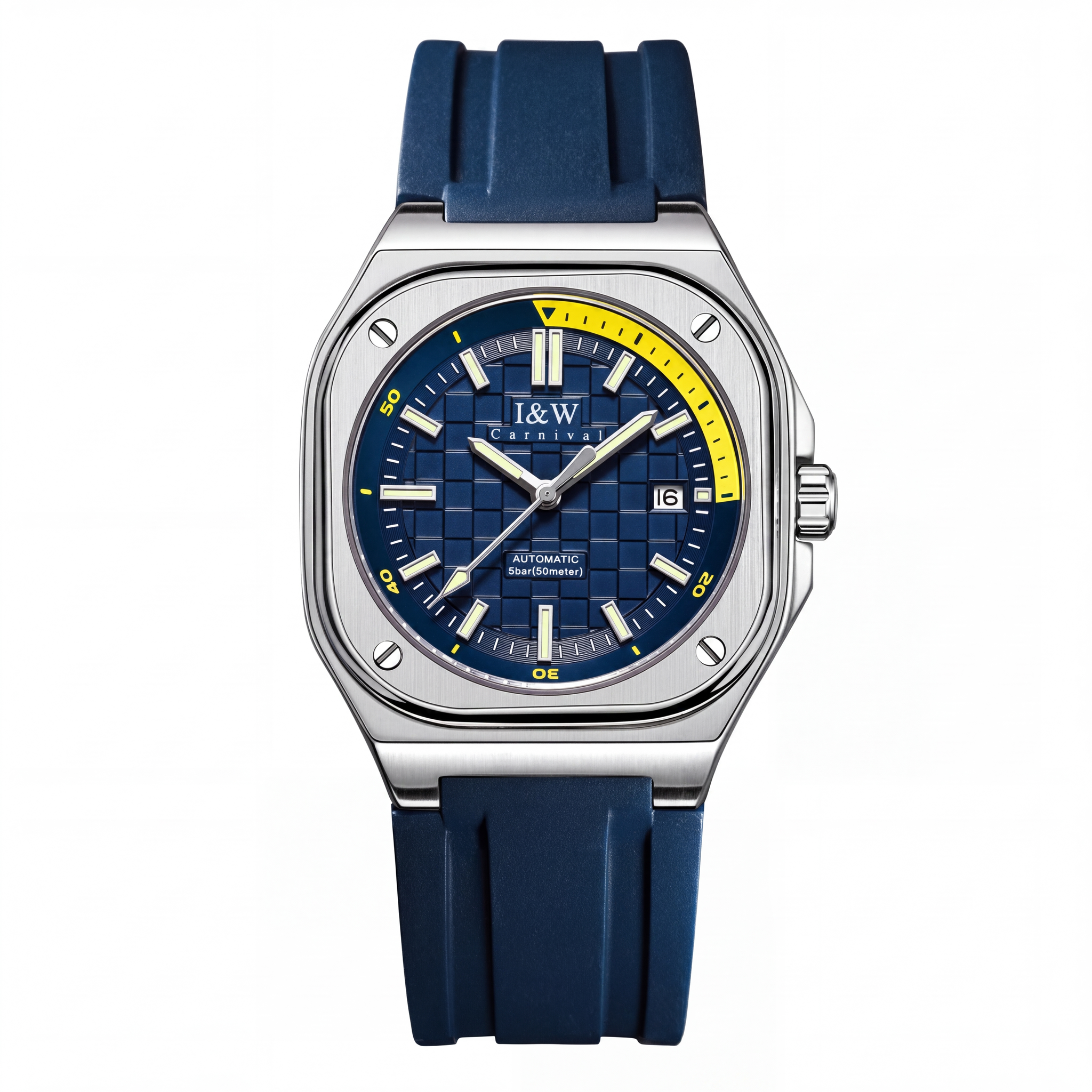 Carnival Square Automatic Deep Sea Blue watch on pure white background