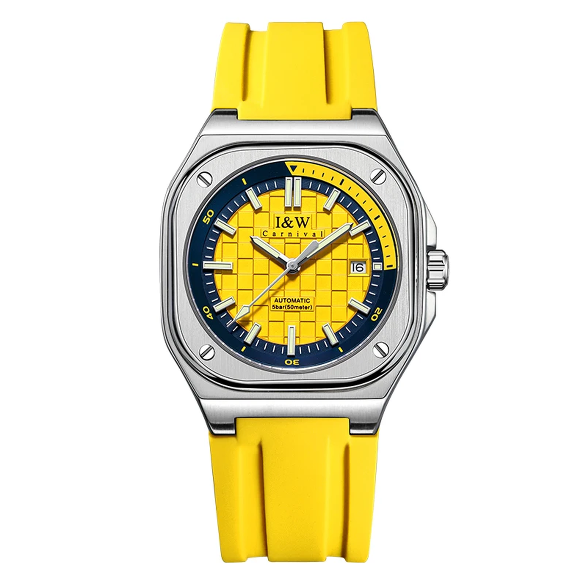 Carnival Square Automatic Sunburst Yellow watch with yellow rubber strap on white background