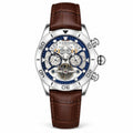 CASENO full-calendar skeleton automatic watch, blue bezel, brown leather strap