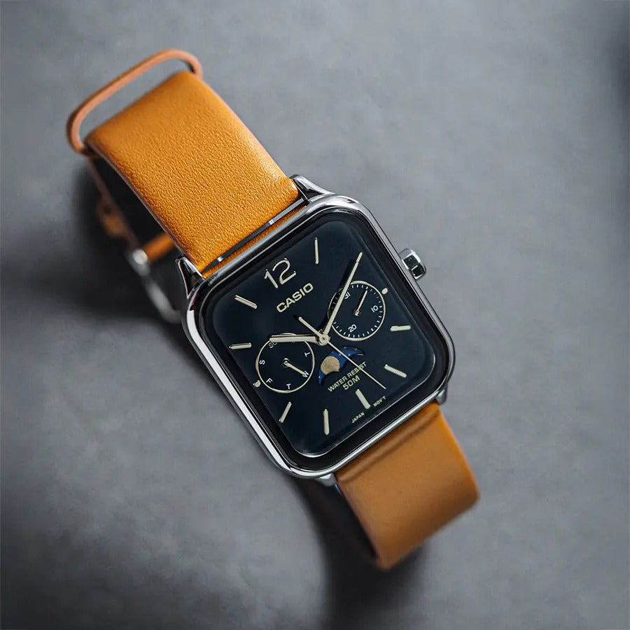 Casio MTP-M305L-1AV brown leather band, angled view