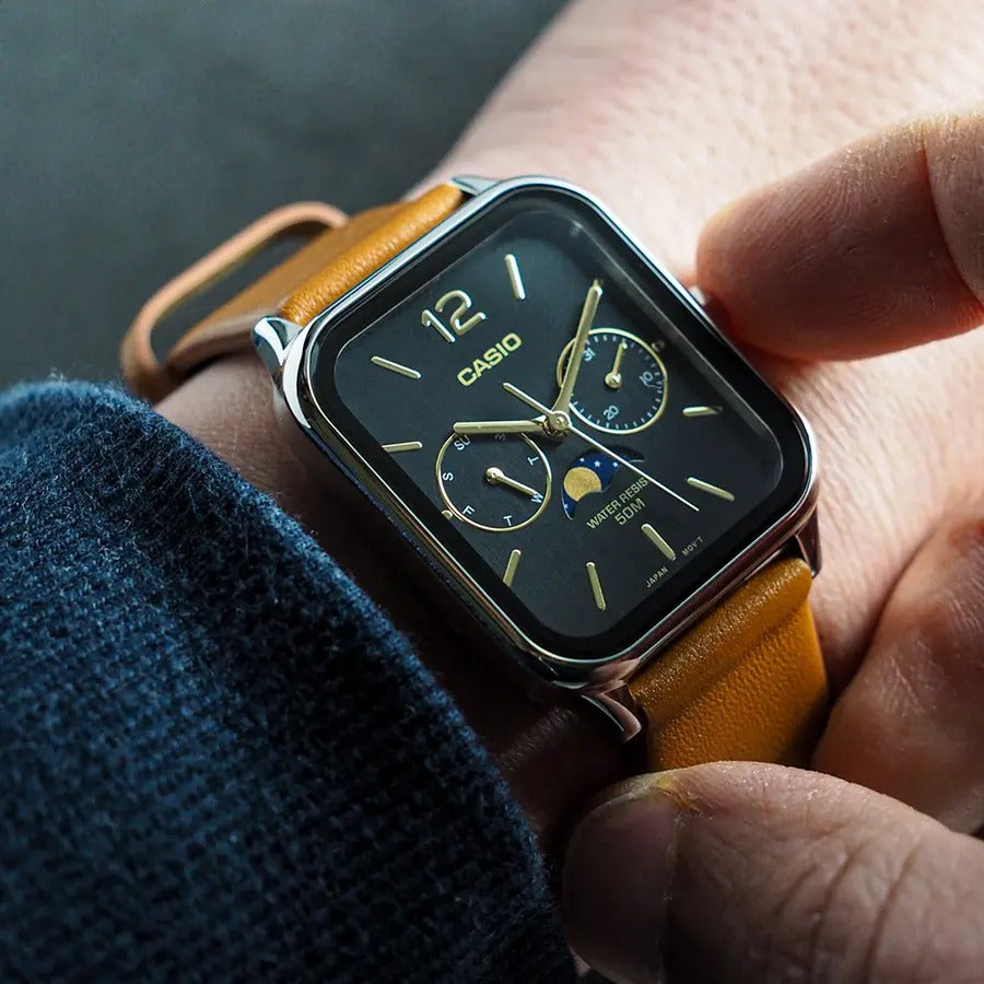 Casio MTP-M305L-1AV brown leather band on wrist