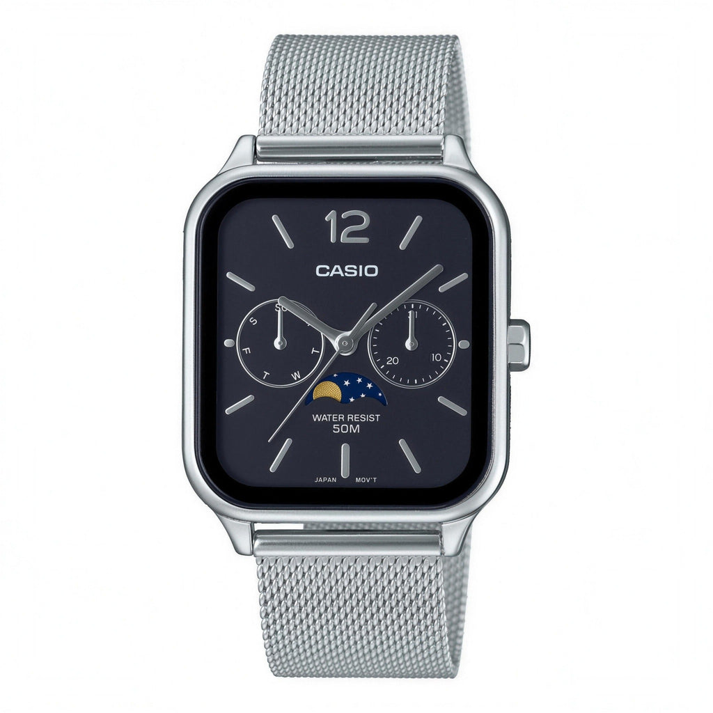 Casio black dial moon phase watch, 34mm, silver mesh bracelet