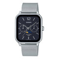 Casio black dial moon phase watch, 34mm, silver mesh bracelet