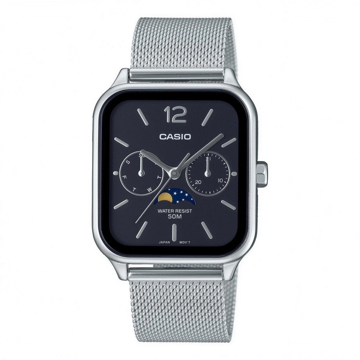 Casio black dial moon phase watch, 34mm, silver mesh bracelet