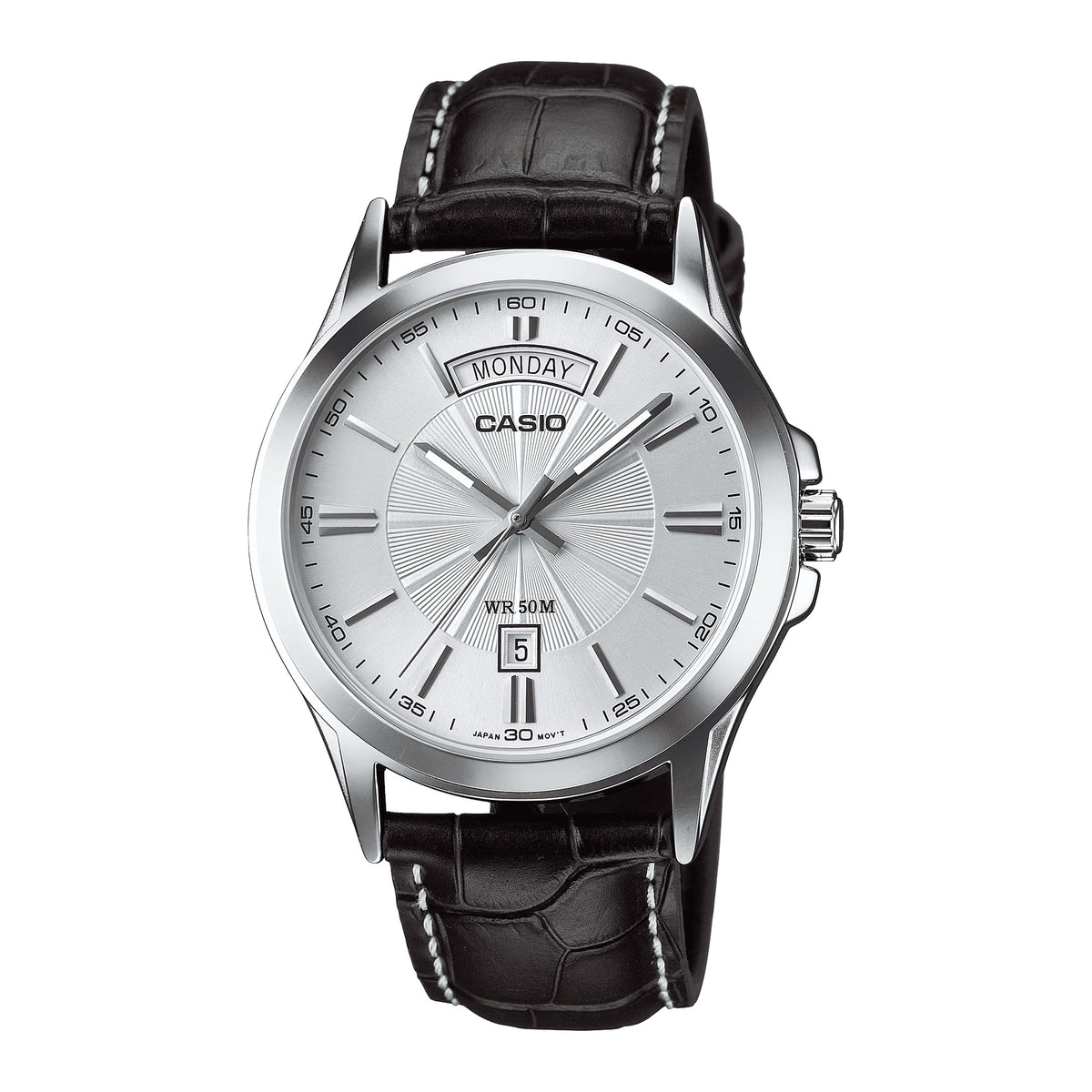 Casio MTP-1370L-7A silver dial day-date watch on black crocodile-grain leather