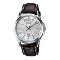 Casio silver dial day-date watch with brown leather band
