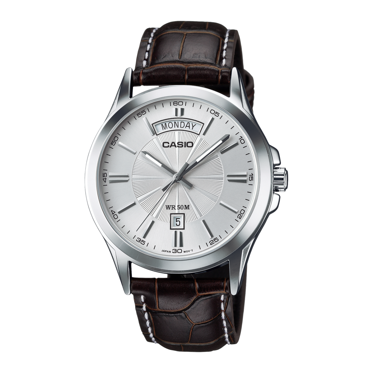 Casio silver dial day-date watch with brown leather band