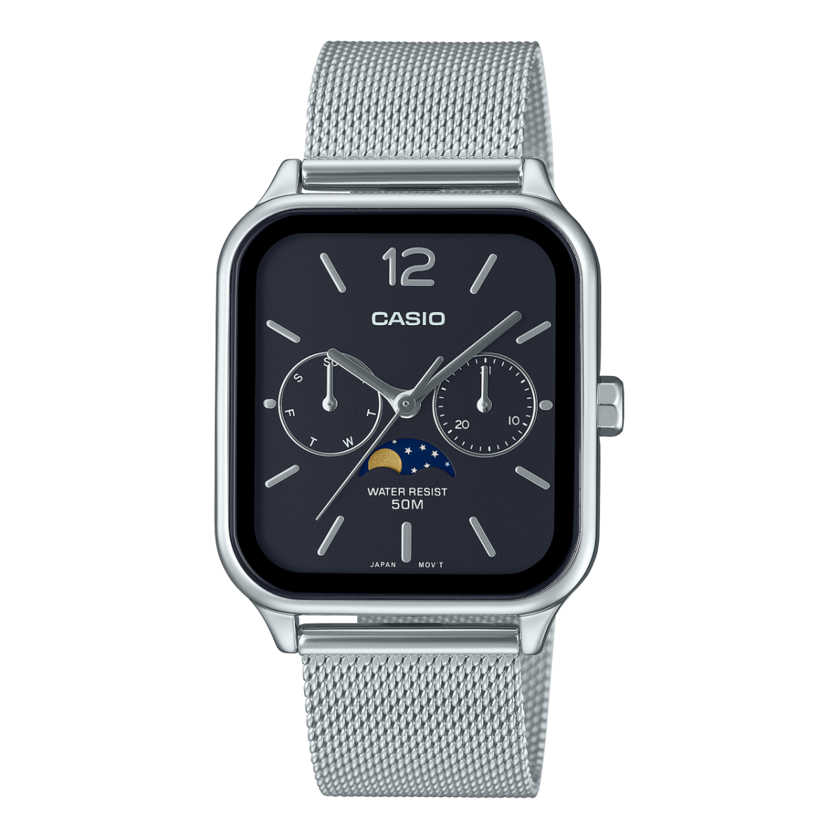 Casio silver mesh moon phase watch with black dial