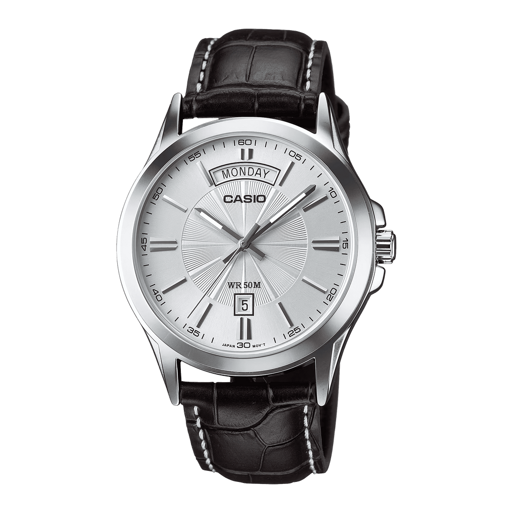 Casio MTP-1370L-7A silver dial day-date watch on black crocodile-grain leather