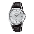 Casio MTP-1370L-7A silver dial day-date watch on black crocodile-grain leather