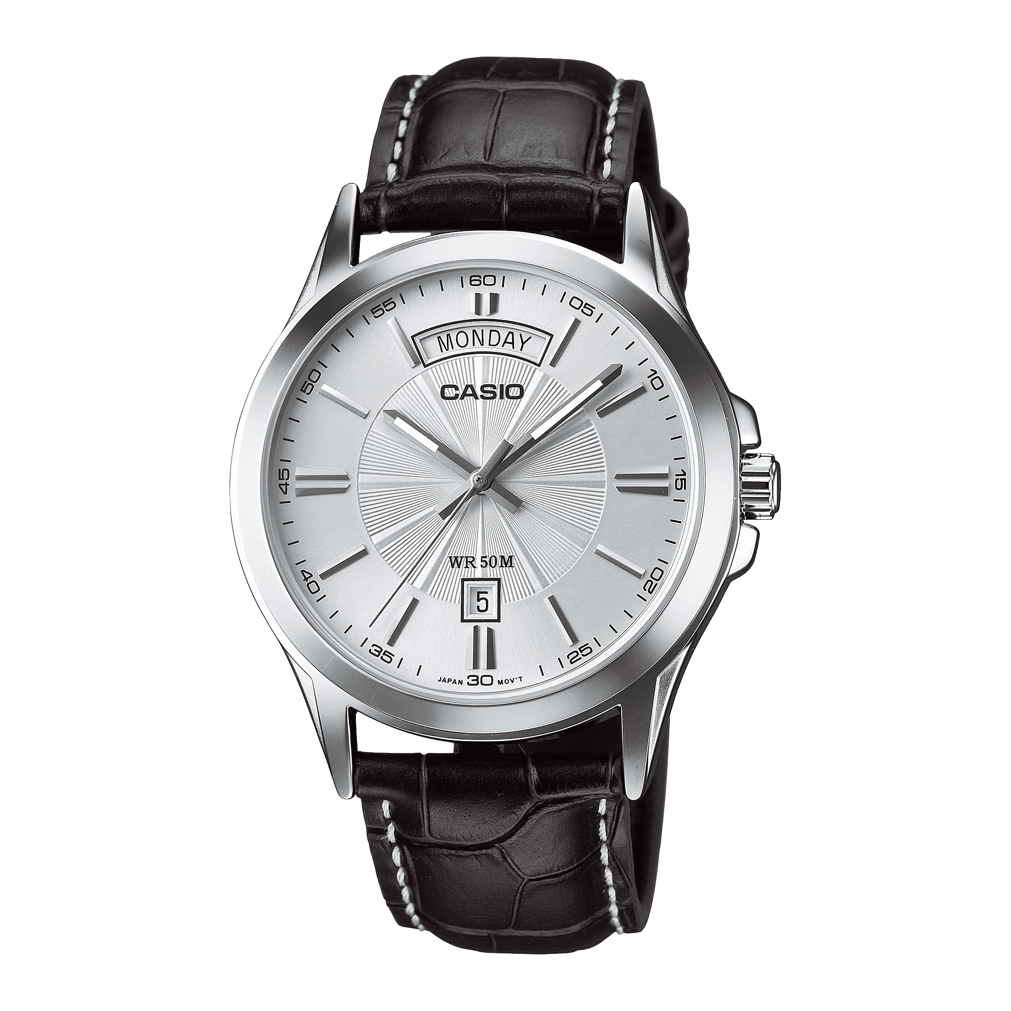 Casio MTP-1370L-7A silver dial day-date watch on black crocodile-grain leather