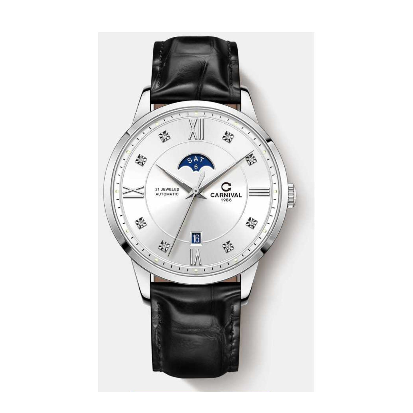 Carnival CG.8097G automatic watch, white dial, moonphase, black leather strap