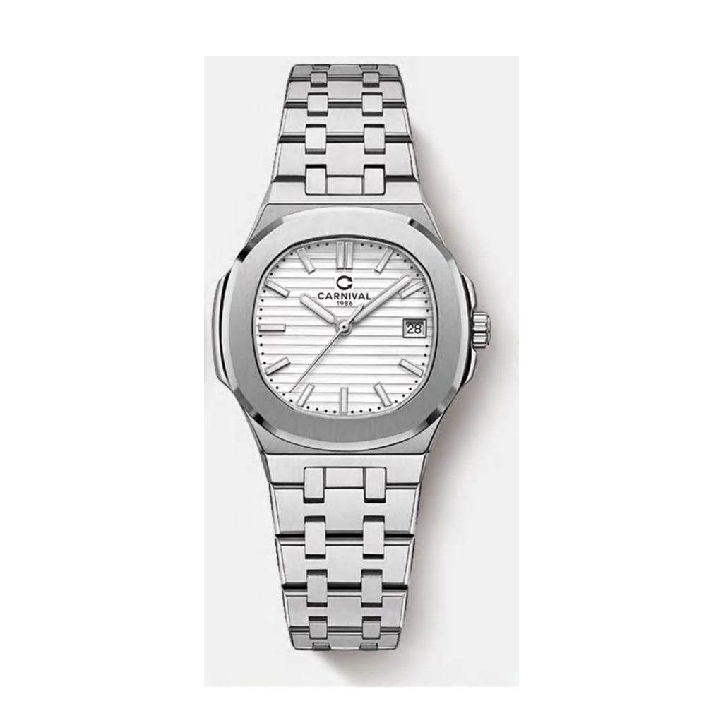 Carnival CG.8161GL automatic watch, white textured dial, integrated stainless steel bracelet
