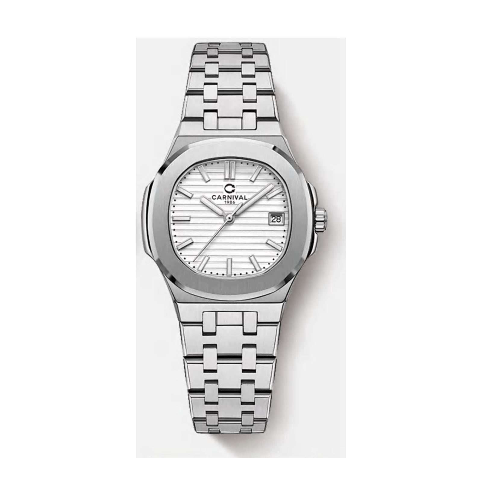 Carnival CG.8161GL automatic watch, white textured dial, integrated stainless steel bracelet