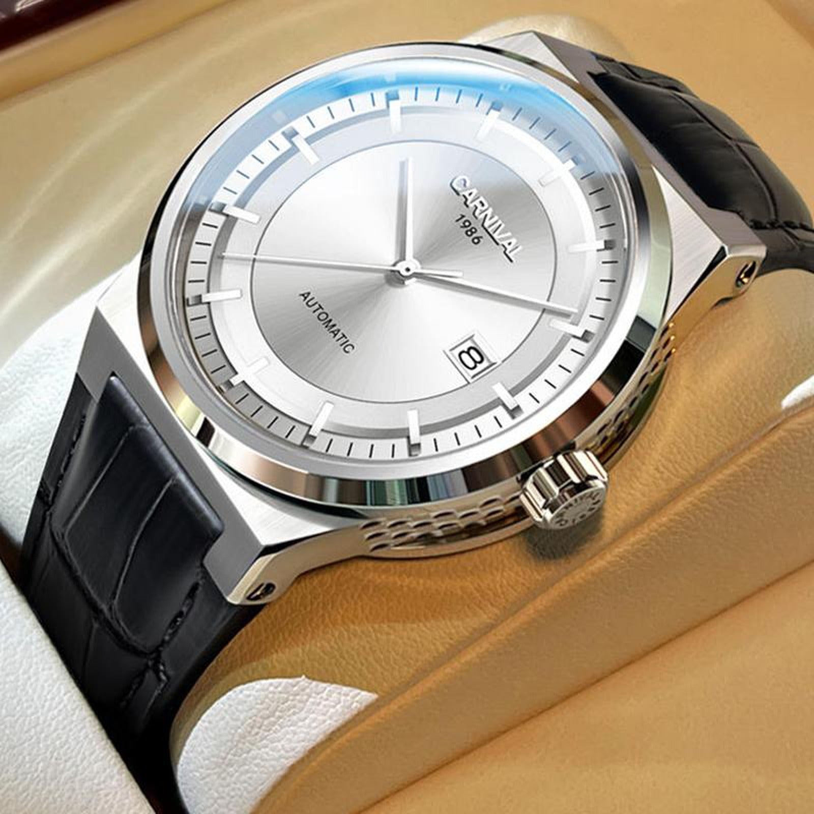 Carnival CG.8092G automatic watch, silver sunburst dial, date, black leather strap
