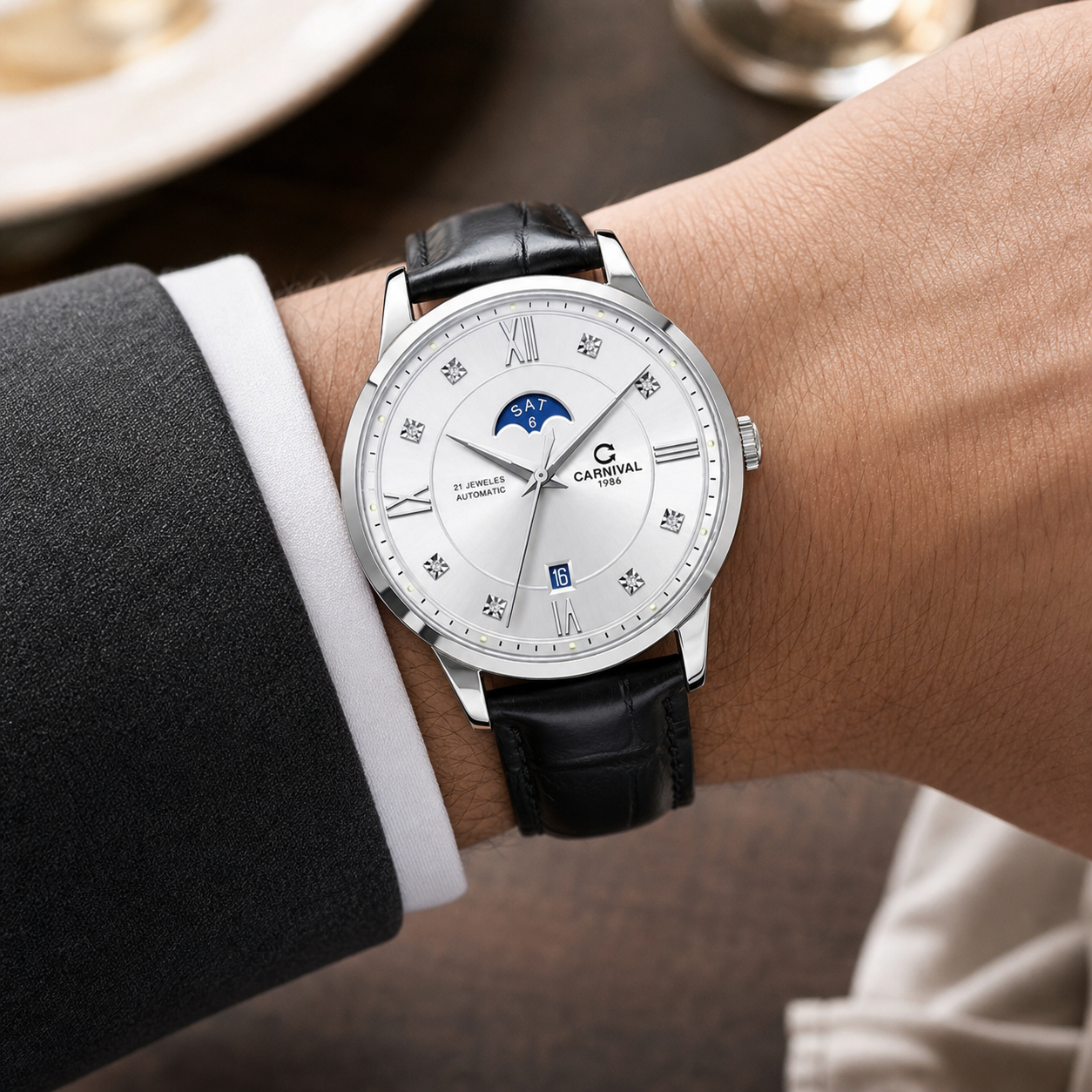 Carnival CG8097G white-dial moonphase automatic watch on black leather worn with a charcoal suit