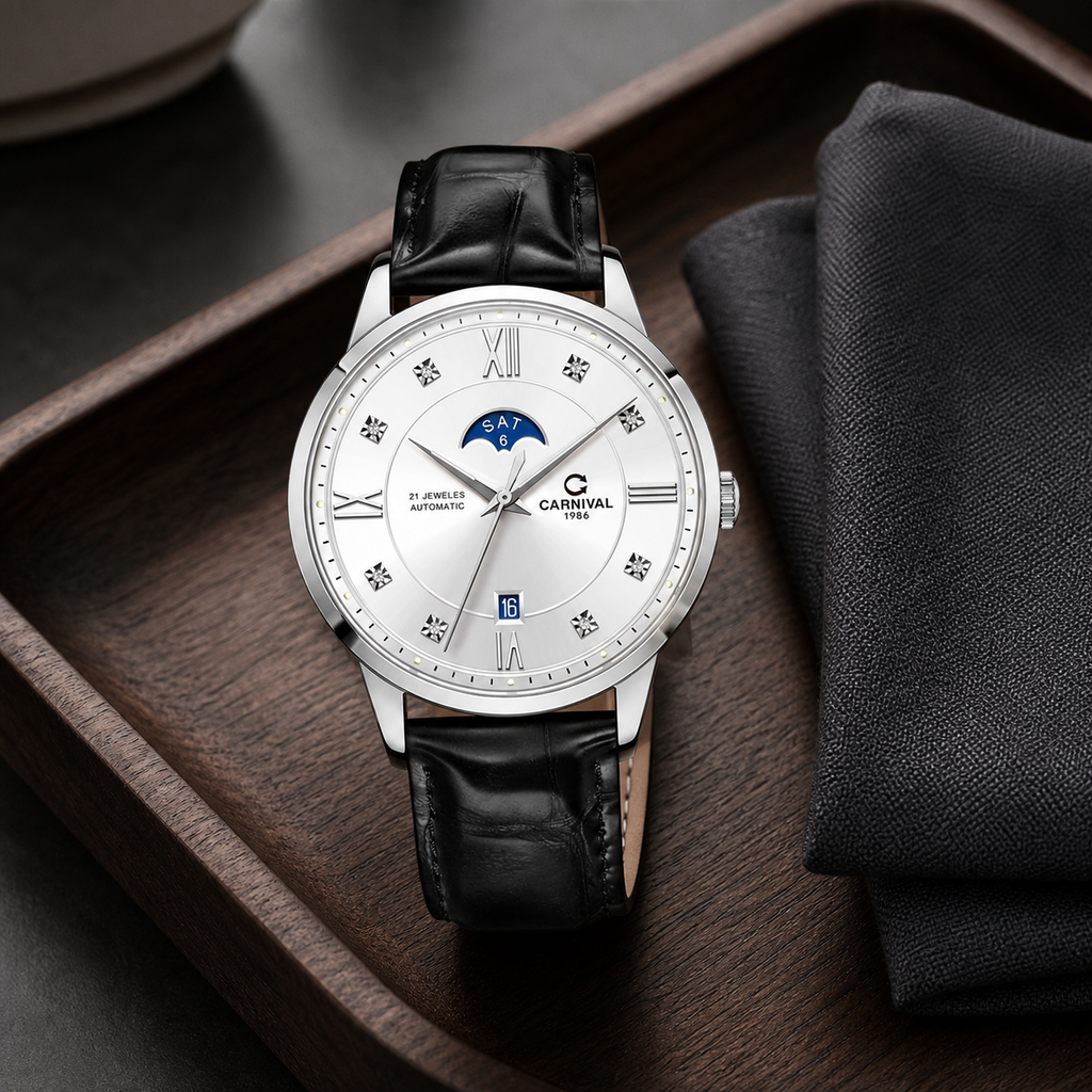 Carnival CG8097G white-dial moonphase automatic watch with black leather strap on a walnut valet tray