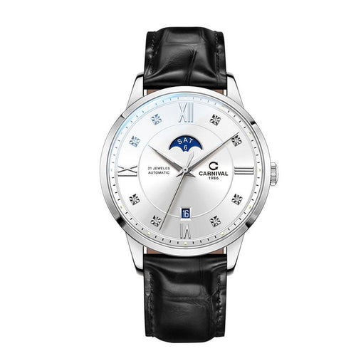 Carnival CG.8097G automatic watch, white dial, moonphase, black leather strap