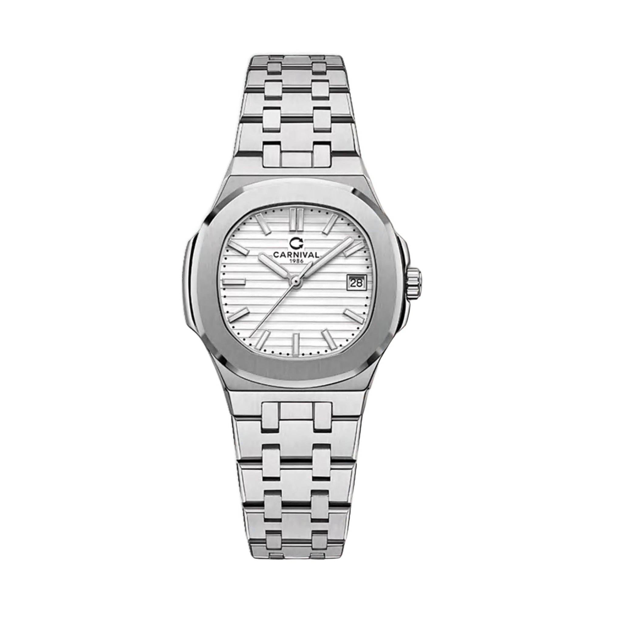 Carnival CG8161GL women's automatic watch, white textured dial, main product photo, white background