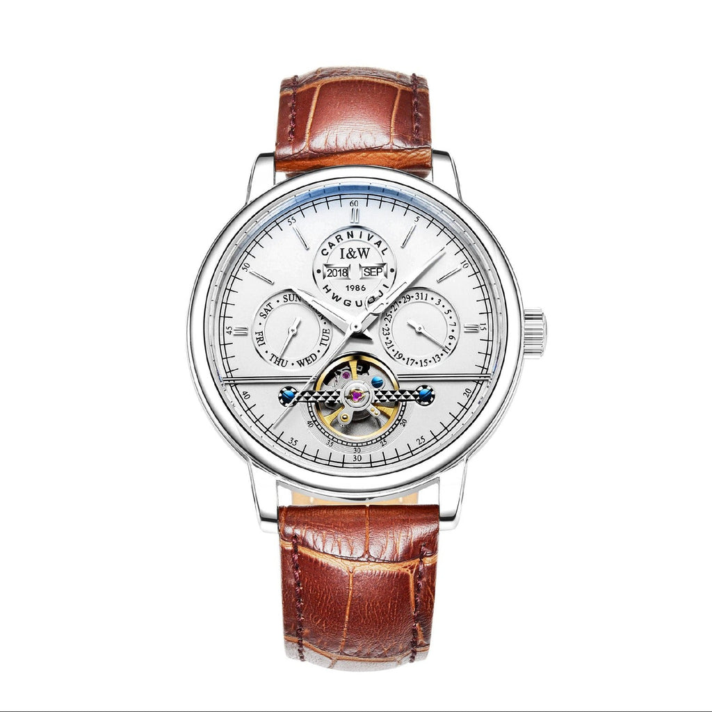 Carnival CG.8724G automatic watch, white dial, moonphase, brown leather strap