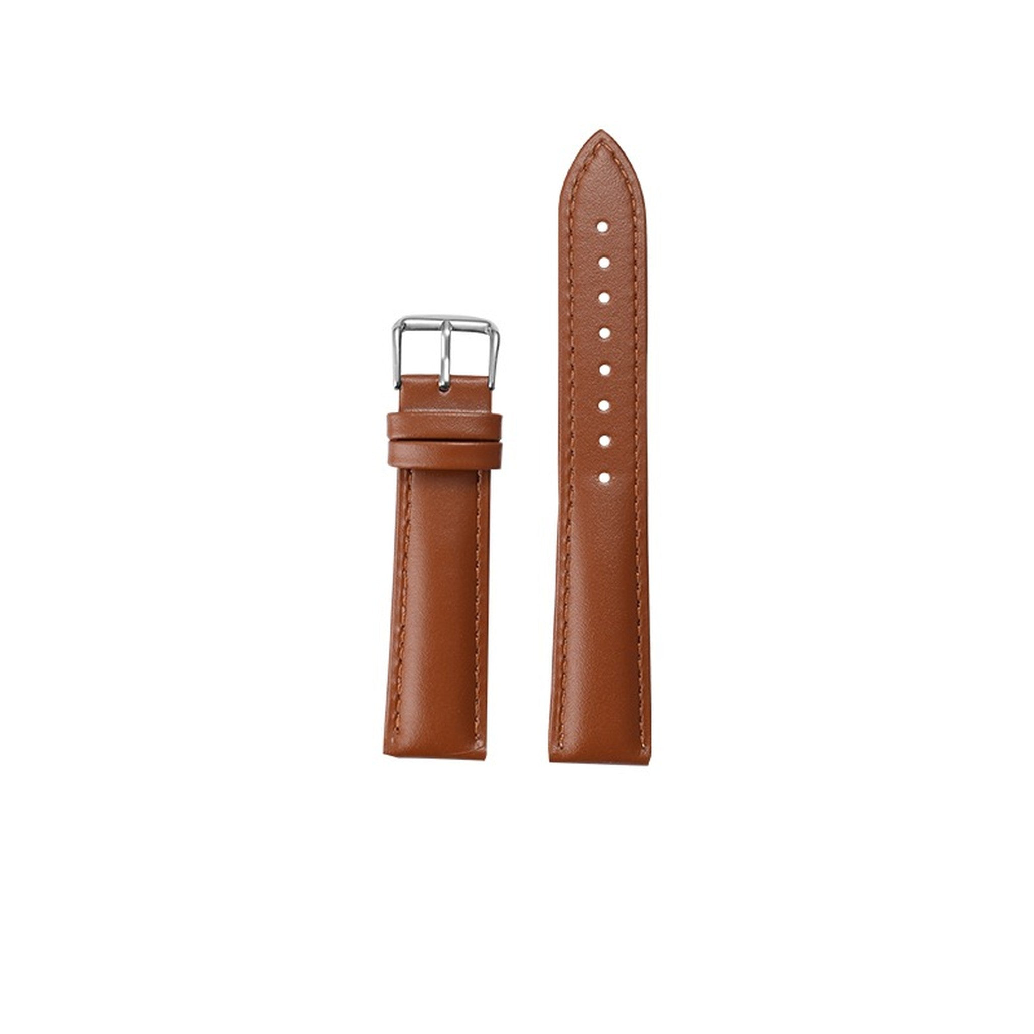 Light brown leather watch strap with silver pin buckle on pure white background