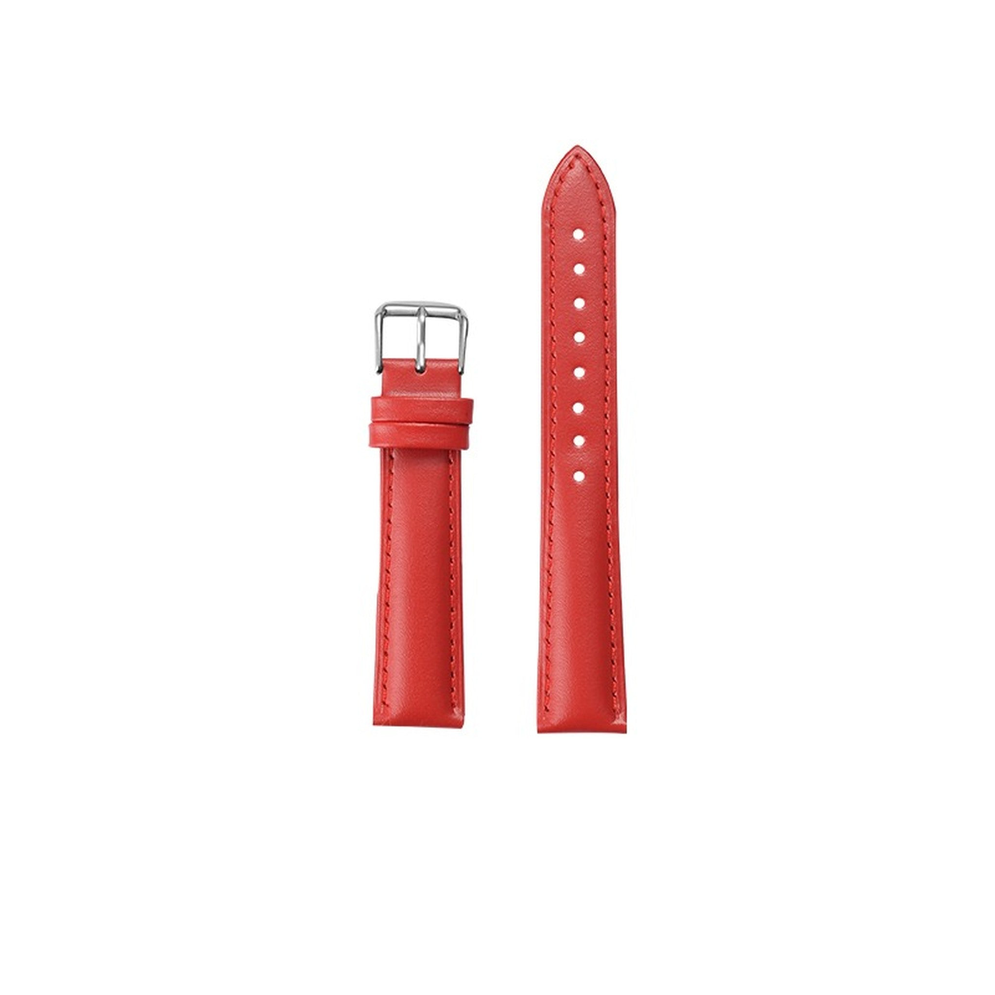 Red leather watch strap with silver pin buckle on pure white background