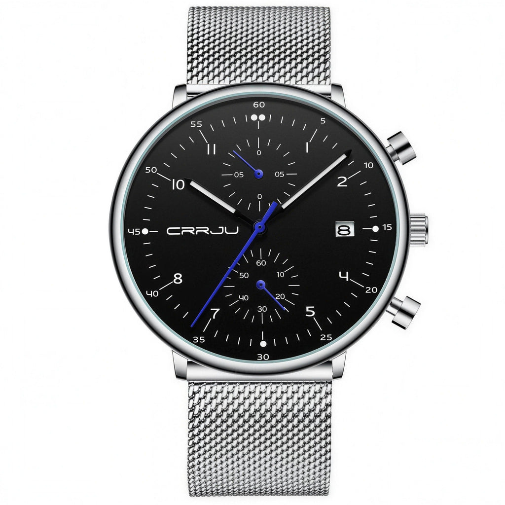 CRRJU 40mm quartz watch with black dial and silver steel mesh bracelet