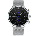 CRRJU 40mm quartz watch with black dial and silver steel mesh bracelet