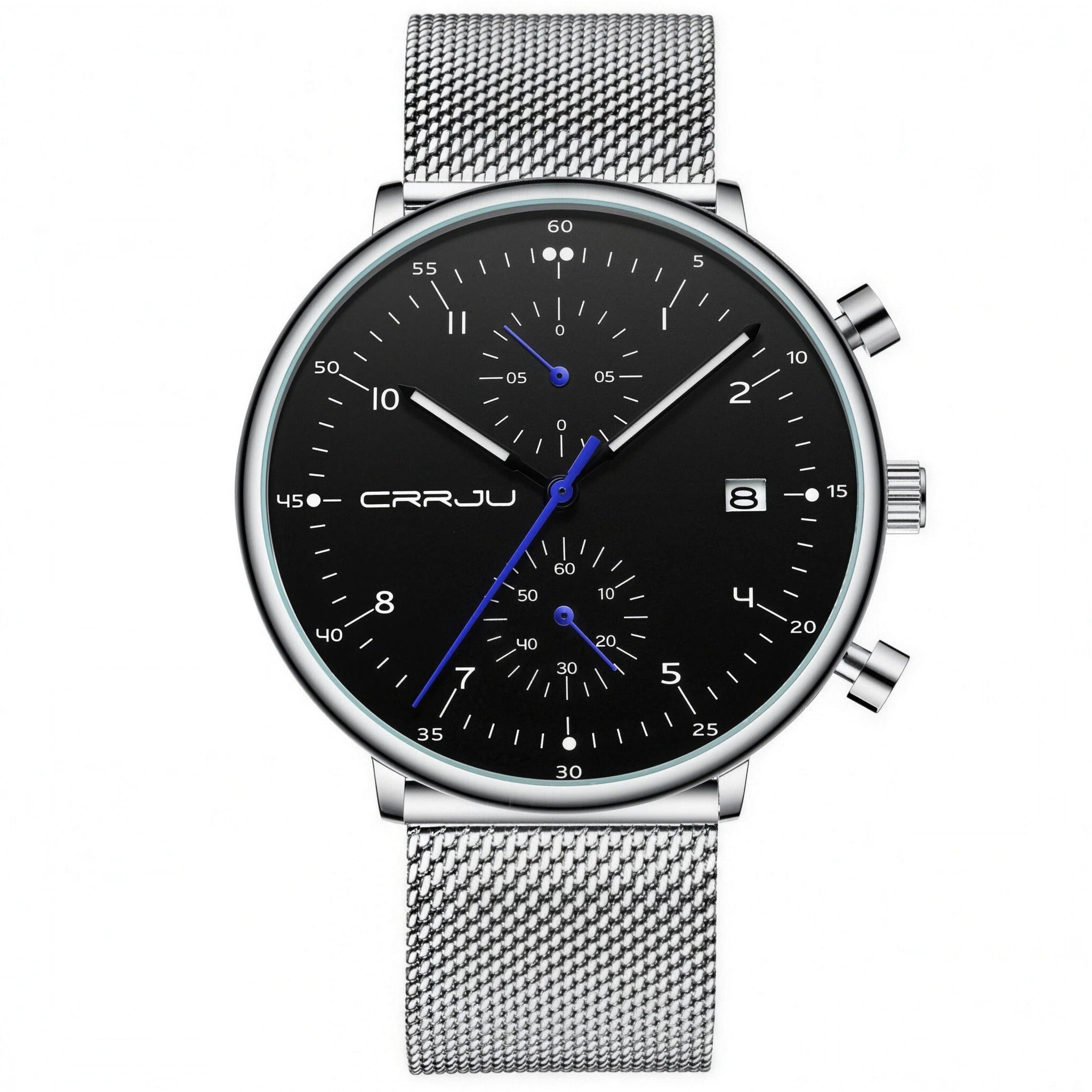 CRRJU 40mm quartz watch with black dial and silver steel mesh bracelet