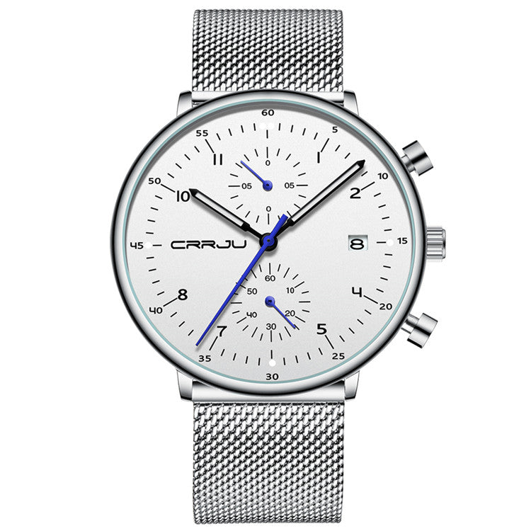 CRRJU 40mm quartz watch with white dial and silver steel mesh bracelet