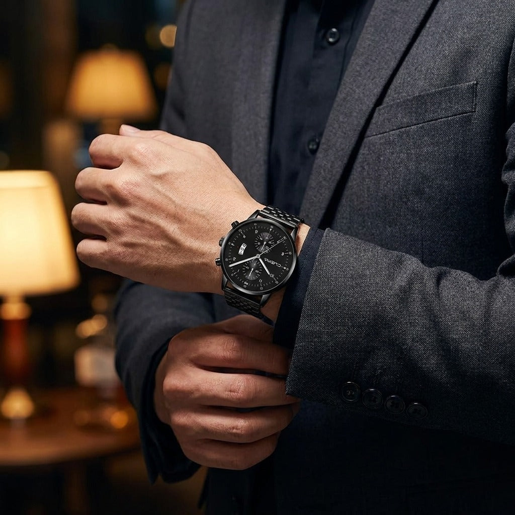 CUENA 6019 chronograph worn with a suit