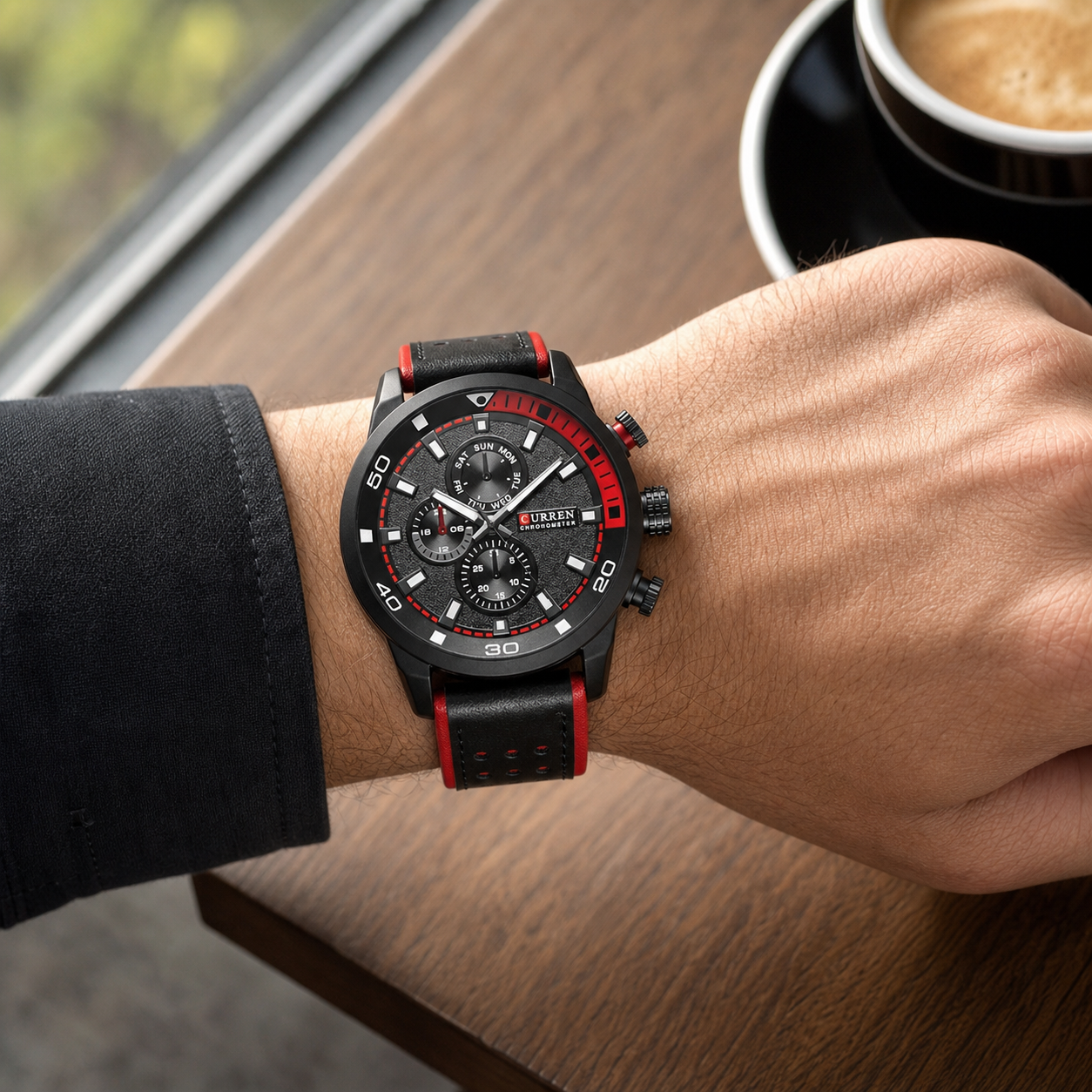 CURREN 45mm Leather Sport Watch Black on wrist