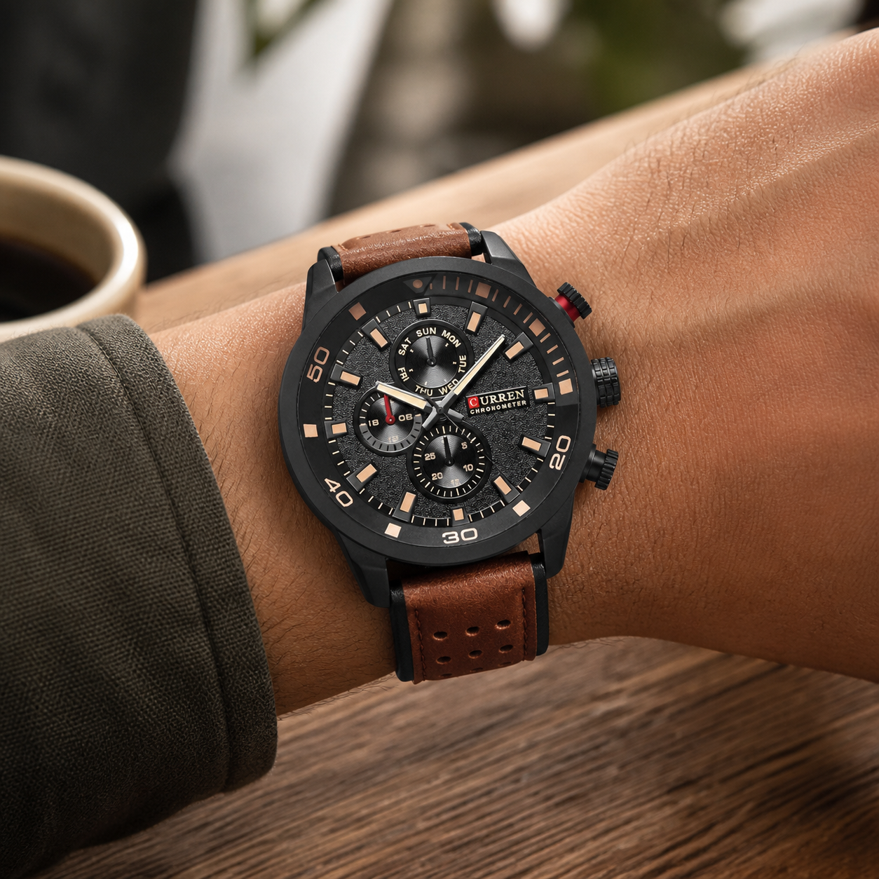 CURREN 45mm Leather Sport Watch Brown on wrist