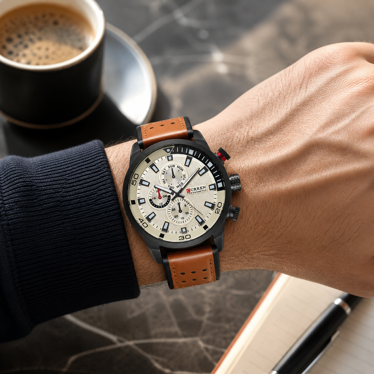 CURREN 45mm Leather Sport Watch Coffee on wrist