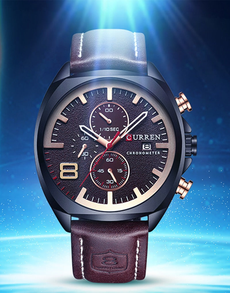 CURREN 47mm leather chronograph watch standing upright with blue backlight