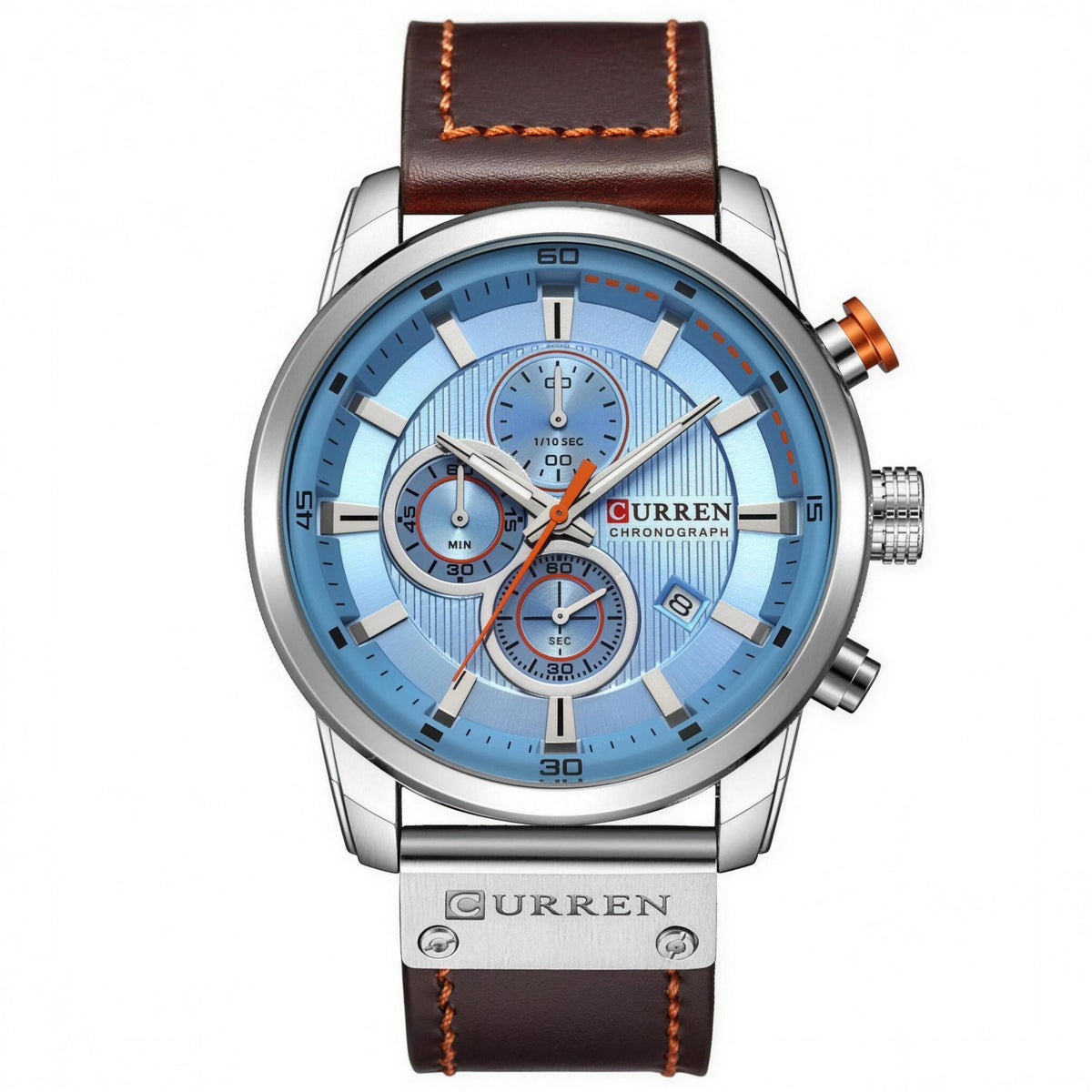 CURREN 8291 large-dial chronograph watch, silver case with blue dial and brown leather strap