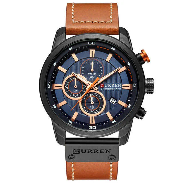CURREN 8291 with blue face, brown leather strap, and orange second hand