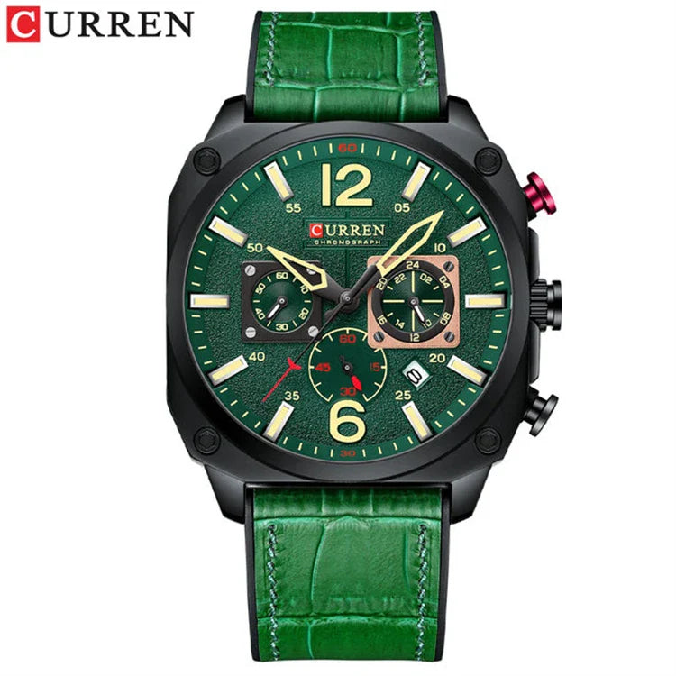 CURREN chronograph with green dial and green leather strap