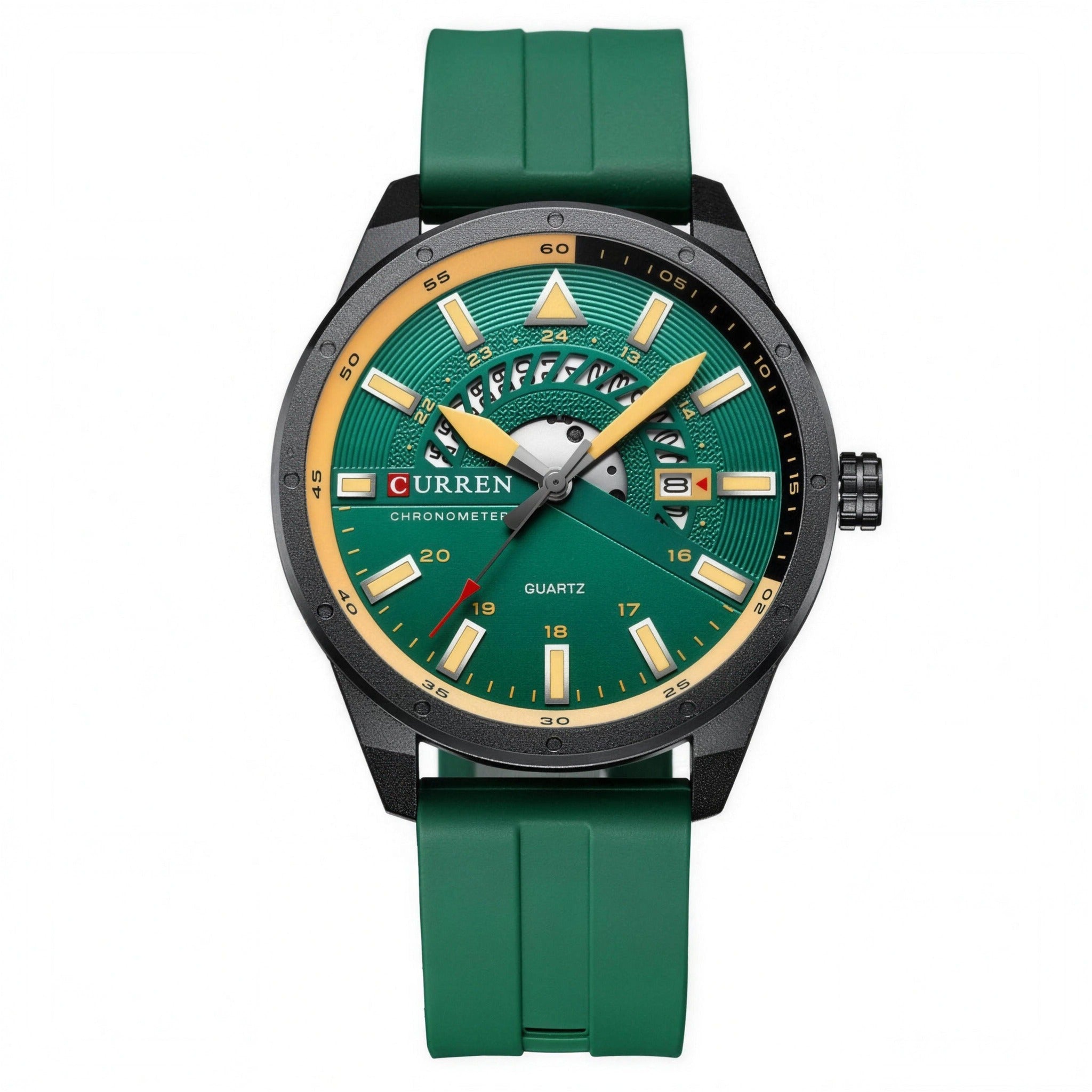 CURREN 8421 green-dial quartz sport watch with green silicone strap on white background